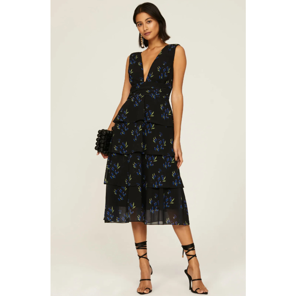 AMUR Fionna Tiered Ruffle Sleeveless Midi Dress Black Floral Women's Size 2